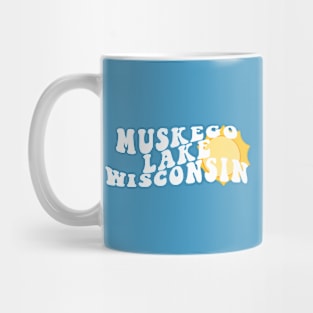 Sunshine in Muskego Lake Wisconsin Retro Wavy 1970s Summer Text Mug